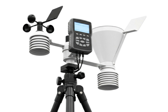 Professional digital weather station sensor suite on tripod stand on isolated background