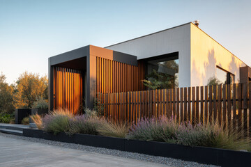 Fototapeta premium A modern cubic house features a minimal design, surrounded by a sleek black metal and wooden fence. Vibrant plants add color in the evening light, enhancing the peaceful atmosphere