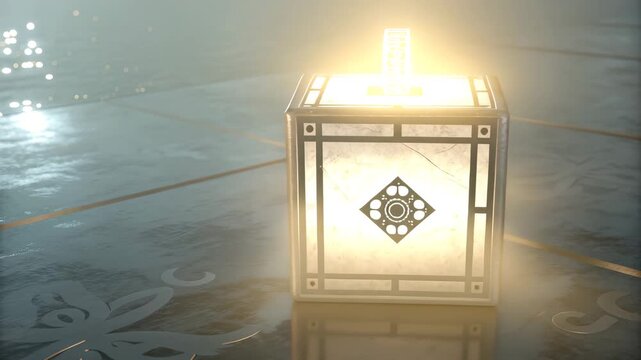Ornate glowing cube emitting bright light and energy from its top, resting on a patterned floor