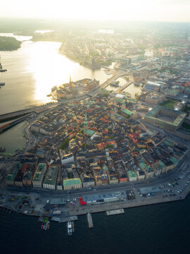 Aerial View Over Stockholm City at Golden Hour Summer Sunset