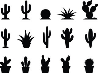 Vector Silhouettes Collection of Cacti and Succulent Plants in Pots, featuring various Desert and Tropical Shapes, Ideal for Botanical and Southwest Graphic Design.Vector Silhouettes 