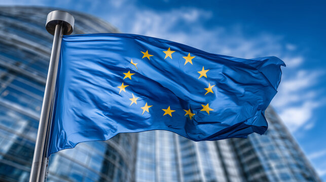 Wide-angle view of a modern European institution with towering glass walls, EU flag flying prominently in the foreground, clouds drifting above to symbolize hope and cohesion