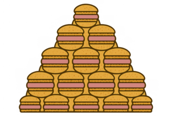 Burger pyramid forming a stack of fast food items representing abundance and unhealthy eating concept