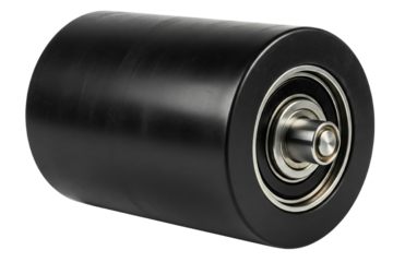 Heavy-duty black industrial conveyor belt roller with steel bearing on isolated background