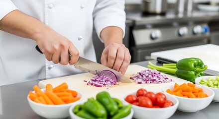 Chef expertly chopping fresh vegetables for a healthy meal in a professional kitchen.