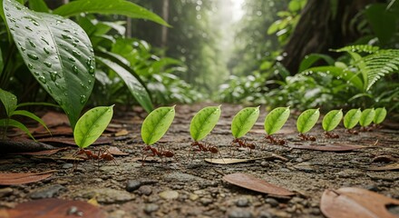 Leafcutter Ant Colony Teamwork Carrying Green Leaves Tropical Forest Trail