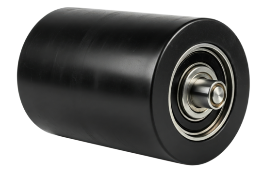 Heavy-duty black industrial conveyor belt roller with steel bearing on isolated background