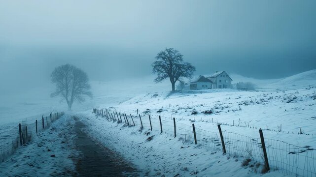 Snow-covered rural landscape with isolated house and leafless trees during foggy winter daylight