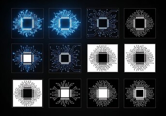 Close-up grid of glowing blue and white microchip processors with abstract digital circuitry