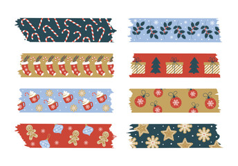 Cute Christmas and New Year's set of scotch tape with a torn ragged edge. Tape stripes with Christmas tree decorations, gifts, sweets, and a sock. Stickers for planning, scrapbooking, and notebooks.