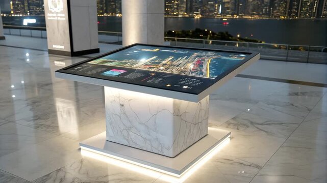 Sleek interactive digital display table with illuminated base showcasing a vibrant city map in a modern building lobby at night
