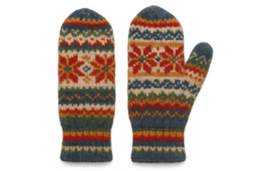 Knitted wool mittens featuring colorful fair isle pattern, providing warmth and comfort for cold winter weather