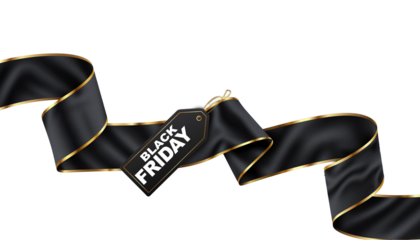 Luxury Black Friday Sale Banner with Black Satin Ribbon and Gold Tag