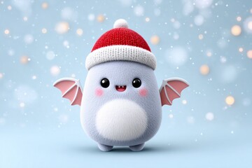 Cute fluffy character wearing a red Christmas hat. Adorable cartoon creature with wings for New Year and Winter holiday greeting card.