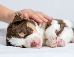 Peaceful slumber: adorable puppy sleeping soundly with gentle human touch of care