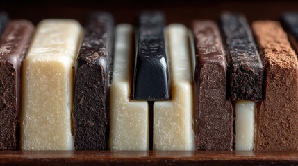 Artistic conceptual photograph of a piano keyboard made of dark milk white chocolate bars close-up, depicting harmony music gourmet dessert sweet indulgence metaphor lifestyle advertising