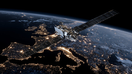 Highly detailed view of a communication satellite in low orbit, solar panels reflecting faint starlight, the glowing outline of Europe visible far below in the darkness
