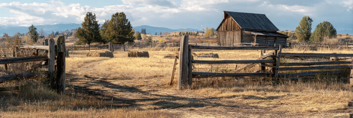 A weathered wooden fence borders a grassy field next to a rustic barn. In the background, hills rise under a partly cloudy sky, creating a serene ranch setting in the afternoon sun, banner