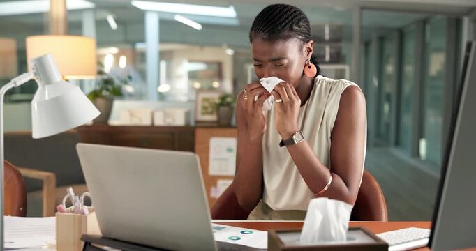 Woman, laptop and sneeze in office with tissue for influenza, sinus infection and data analysis. Sick, black person blowing nose and toilet paper with hayfever, virus symptoms and computer for stats.