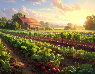 Picturesque Beet Farm at Sunset: A Symphony of Colors and Agricultural Beauty