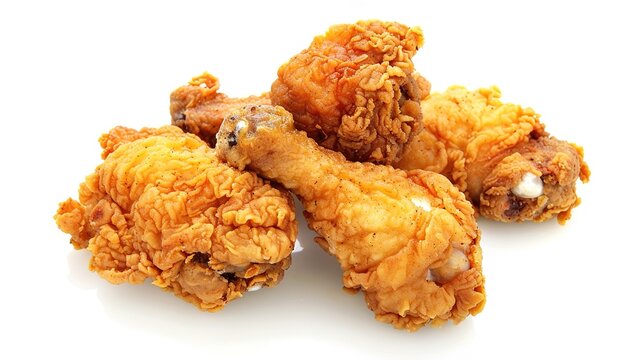 Crispy fried chicken drumsticks on white background with golden breading and seasoning
