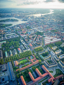 Aerial View Over Stockholm City at Golden Hour Summer Sunset