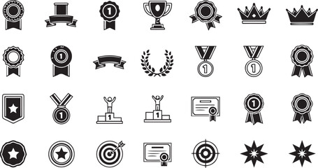 Collection of Achievement Award Icons in Black and White Style