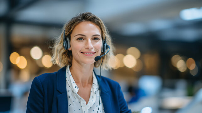 Close-up of a professional call center representative listening attentively with a headset, spacious bright office in the background, modern dÃ©cor and vibrant office lights enhanci
