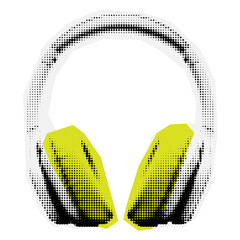 halftone headphone Cut out of magazine shape, clipping scrap of paper.