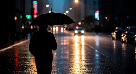 Obraz premium Solitary figure walks under umbrella on wet city street at night with blurred car lights