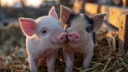 Two adorable piglets touching noses in a sunlit farmyard, soft straw under their tiny hooves, warm golden light highlighting their pink skin and playful expressions