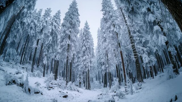 Snow-Covered Forest with Tall Conifer Trees in Winter Aerial View