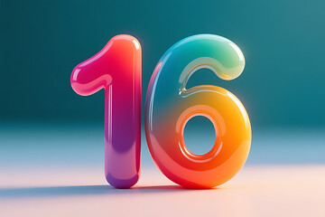 Vibrant number 16 on a bold contrasting palette, smooth polished surface, harmonious visual rhythm, natural lighting, macro shot