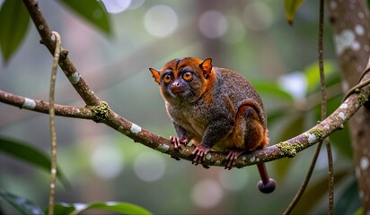 Obraz premium Curious monkey perched on branch in vibrant rainforest during a sunny afternoon