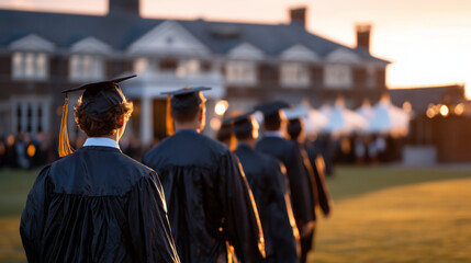 Group of graduated students in caps and gowns walking in line towards a graduation ceremony, golden sunset casting long shadows across the campus lawn, warm light reflecting off th