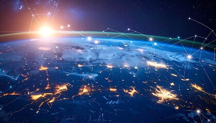 Earth from space at night, a bright sun shining above, interconnected dots form a network over the illuminated cities below