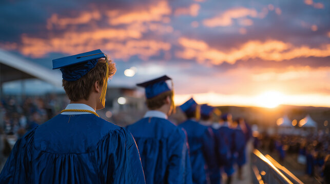 Group of graduates seen from a low angle walking towards the ceremony, sunset painting the sky with vibrant colors, tassels and gown fabric catching the golden light