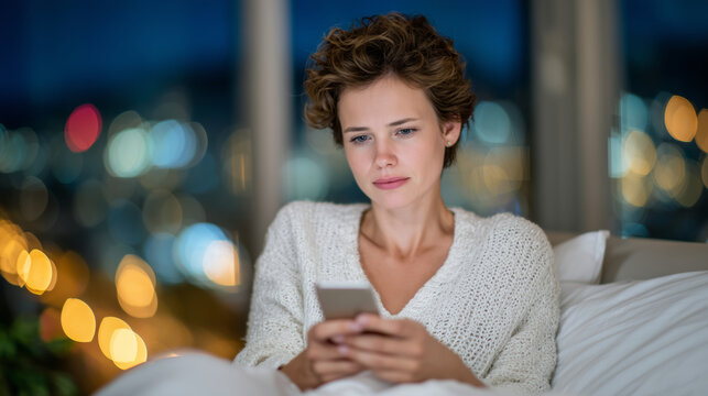 Woman scrolling on her phone in bed, night window faintly visible behind her, blue glow highlighting her worried expression, concept of sleeplessness and technology overuse