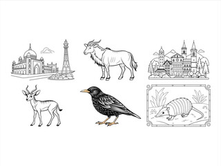 coloring page line art the animal and bird black vector bundle