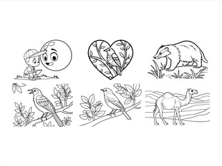 coloring page line art the animal and bird black vector bundle