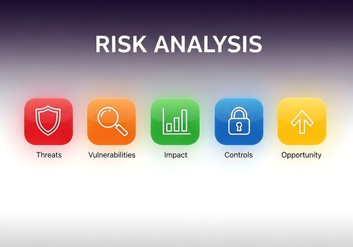 Risk analysis business process icons showing assessment strategy planning and security