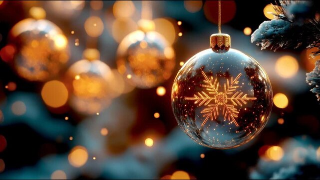Video bola decorativa que contiene un copo de nieve que gira suavemente, flotando en el espacio, mientras nieva delicado, colores tonalidades de naranjas a marr&oacute;n, ideal papeler&iacute;a, tarjetas de navidad