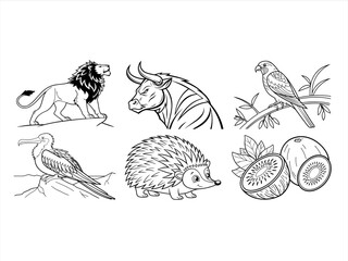 coloring page line art the animal and bird black vector bundle