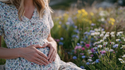 Pregnant woman outdoors in a field of flowers, hands forming a heart over her belly, soft sunlight and gentle breeze creating a peaceful and loving scene celebrating motherhood