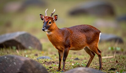 Young deer stands gracefully among ancient stones in a tranquil clearing at dawn