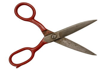Vintage red handled scissors with metal blades opening and cutting action isolated on transparent background