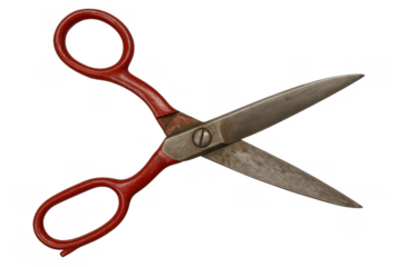 Vintage red handled scissors with metal blades opening and cutting action isolated on transparent background