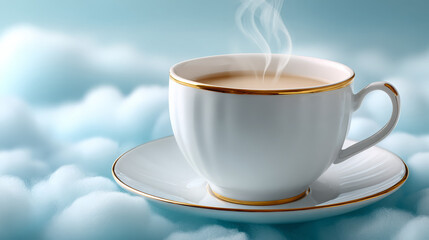 Fototapeta premium Hot coffee cup with steam on clouds background 