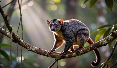 Obraz premium Golden light filters through trees as a curious monkey explores a branch in the lush rainforest