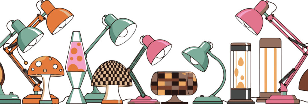 Retro Lighting Collection Seamless Pattern with Desk Lamps and Lava Lamps